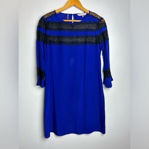 Rebecca Taylor Blue 100% Silk Midi lightweight Dress Size 6 long sleeve oldmoney